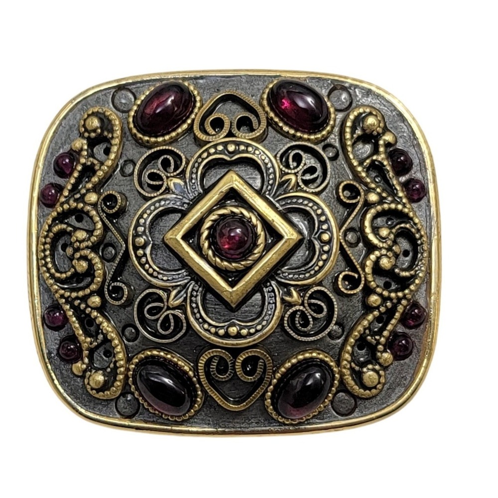Michal Golan Byzantine Brooch Pendant Gold Purple Glass Cabochon Filigree Ornate